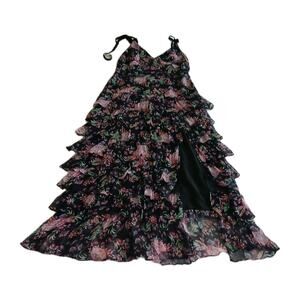 Bellevue Women’s XL Black Floral Maxi Dress NWT Chiffon Flowy Ruffle Strap Gown